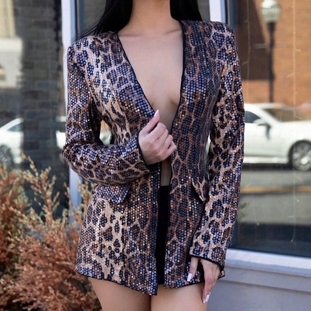 Brown Sexy Women's leopard Print Sequin Blazer Jacket